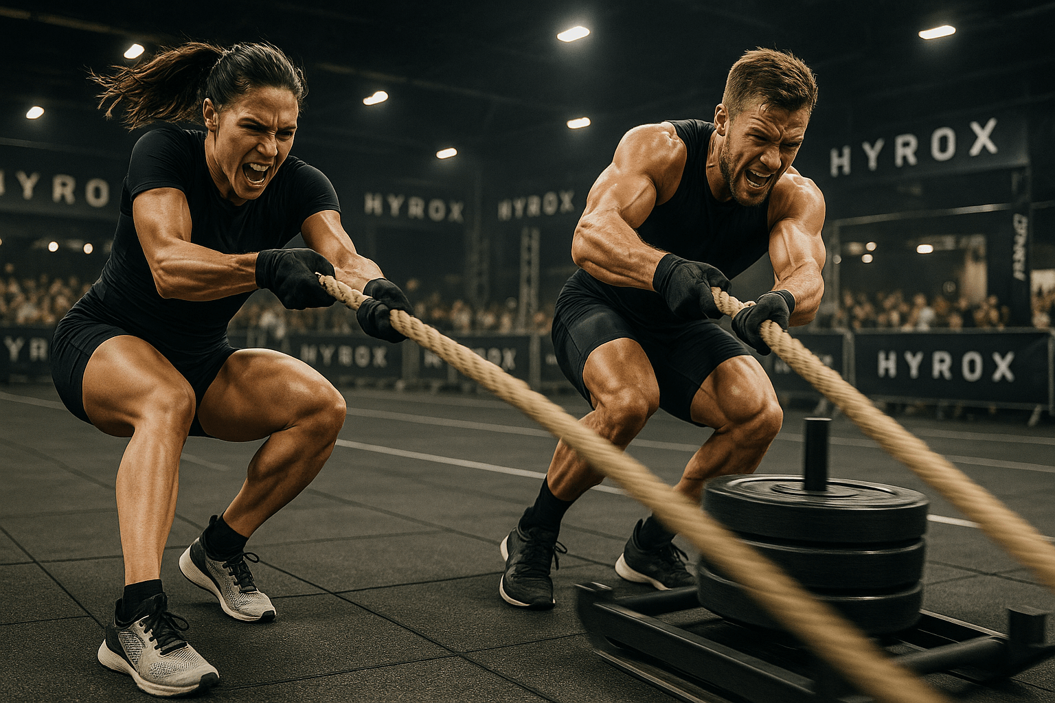 Athlète au sled pull pendant un Hyrox